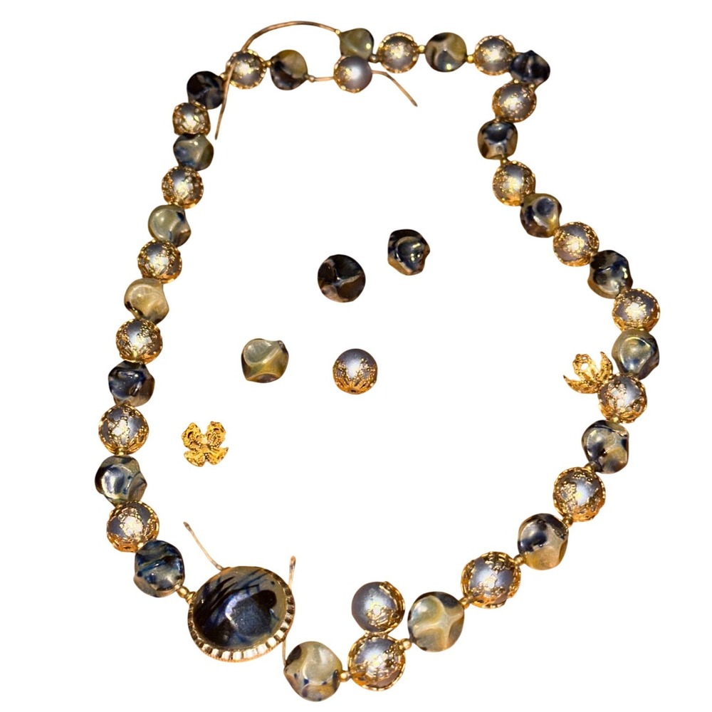 Vintage Hong Kong Blue Grey Art Glass Filigree Bead Necklace Broken Repair‎